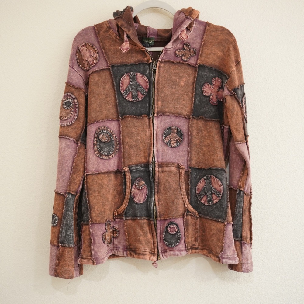 Kathmandu Imports Size Large Patchwork Hoodie Brown Peace Sign Boho Indie Cotton